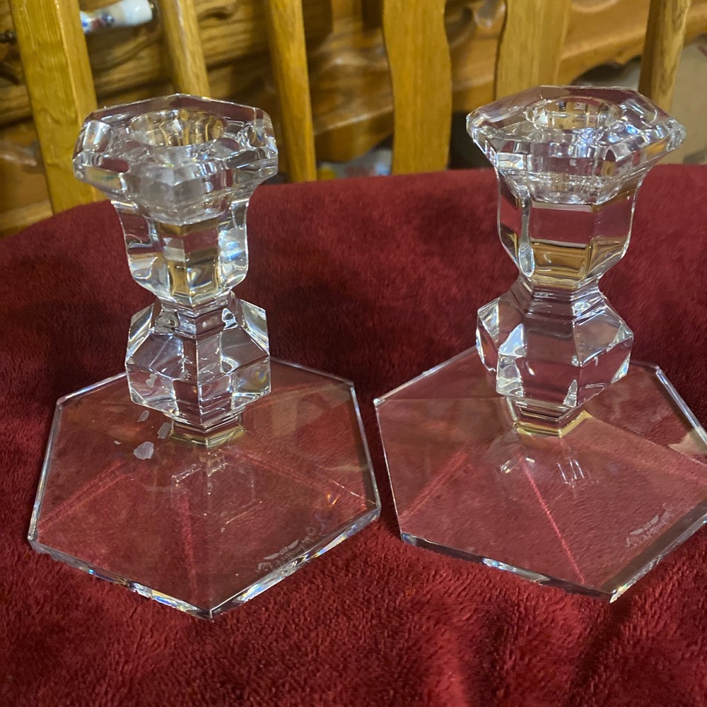 Clear Glass Candlesticks with Geometric Design and Hexagonal Base